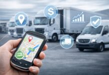 Dłoń trzyma urządzenie GPS z mapą i znacznikiem lokalizacji, a w tle widać samochody dostawcze oraz ikony symbolizujące monitoring floty, koszty, bezpieczeństwo i analizę tras