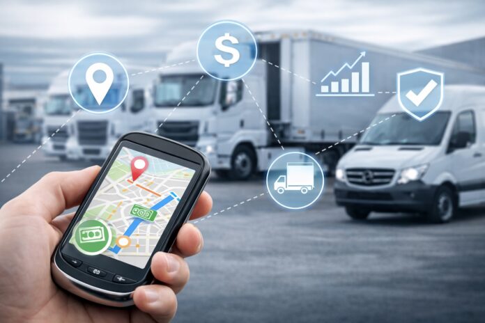 Dłoń trzyma urządzenie GPS z mapą i znacznikiem lokalizacji, a w tle widać samochody dostawcze oraz ikony symbolizujące monitoring floty, koszty, bezpieczeństwo i analizę tras